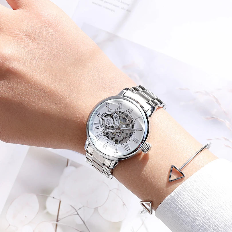 Orologio Automatico Da Donna Orkina Scheletrato Nero Con Cinturino Rete In Acciaio Inossidabile Lusso Per Affari
