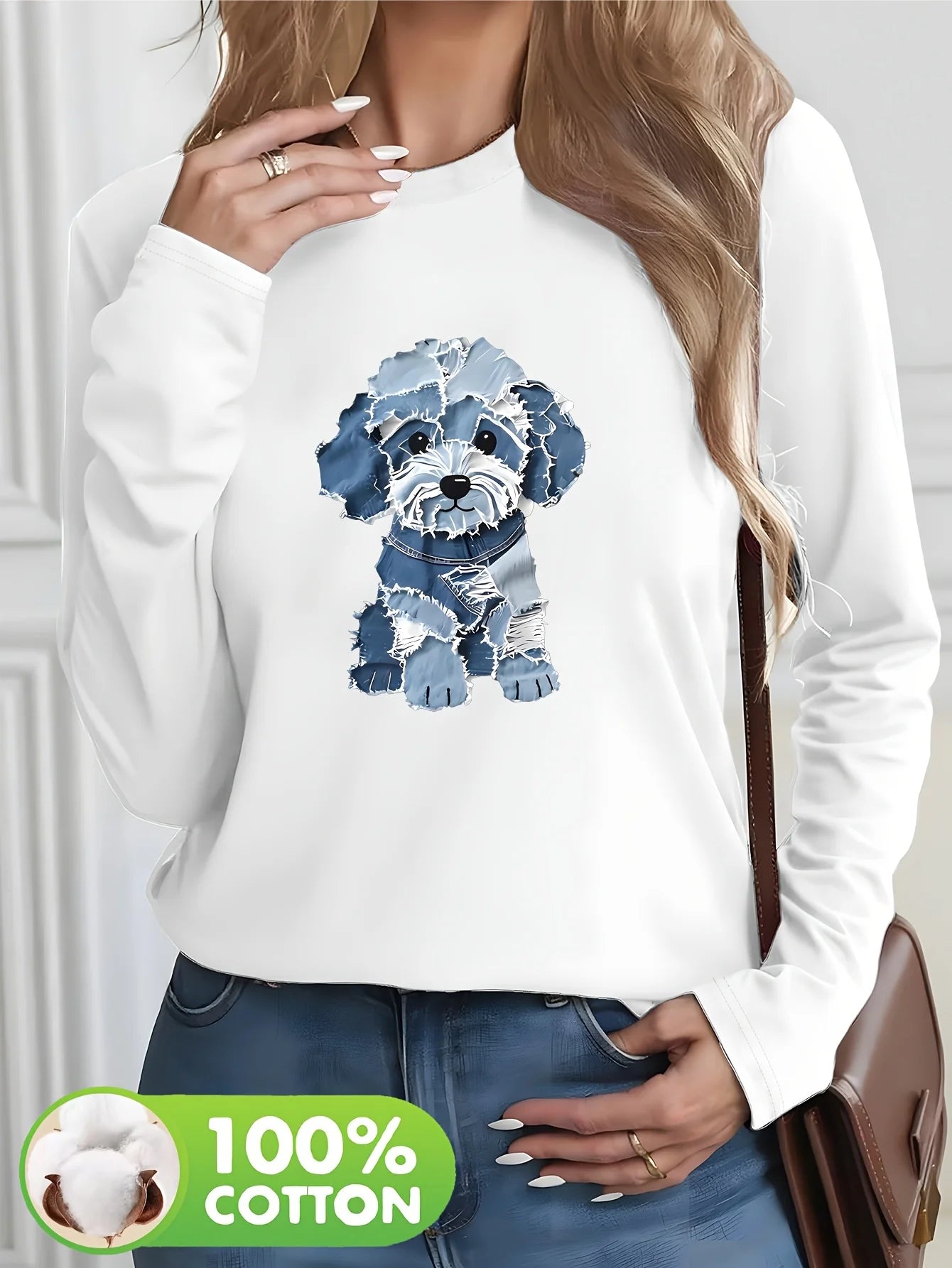 T Shirt Da Donna Autunno Inverno 100 Percento Cotone Con Stampa Cuore Girocollo Maniche Lunghe
