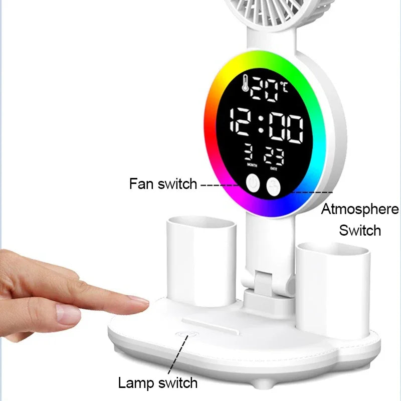 Lampada Da Tavolo Led Con Ventilatore Orologio Ricaricabile Luminosità Regolabile Per Studio Scrivania