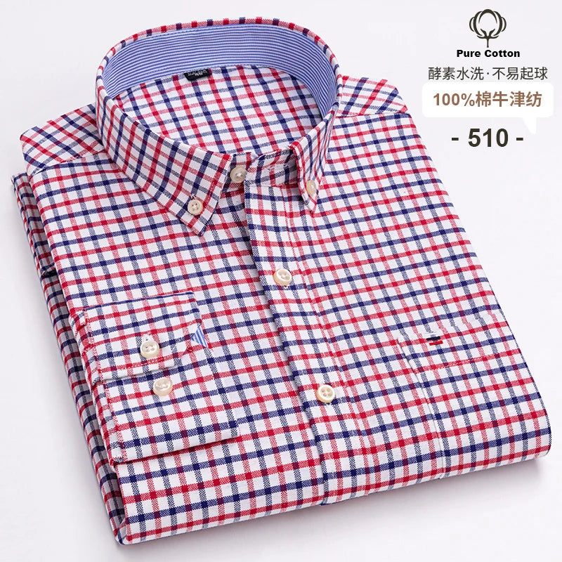 Camicia Da Uomo In Cotone Oxford A Quadri Maniche Lunghe Vestibilità Regolare Con Tasca Frontale