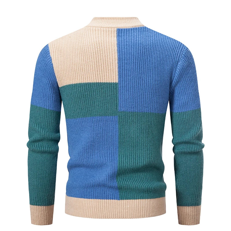 Pullover a Collo Finto da Uomo Patchwork Slim Fit Maglione Lavorato a Maglia Autunno Inverno