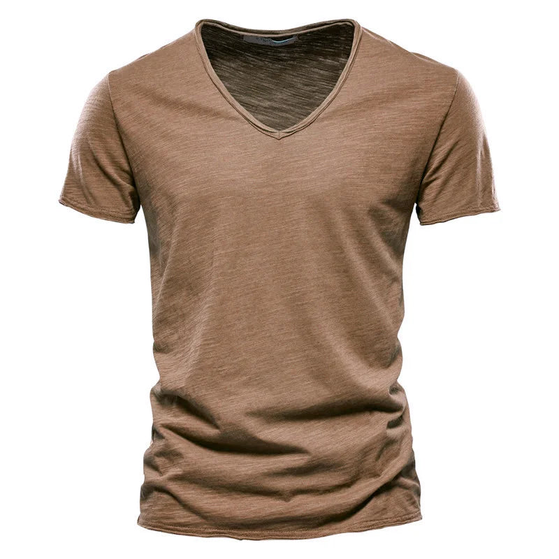 Maglietta Uomo Cotone 100 Percento Con Scollo A V Slim Fit Colore Solido Manica Corta