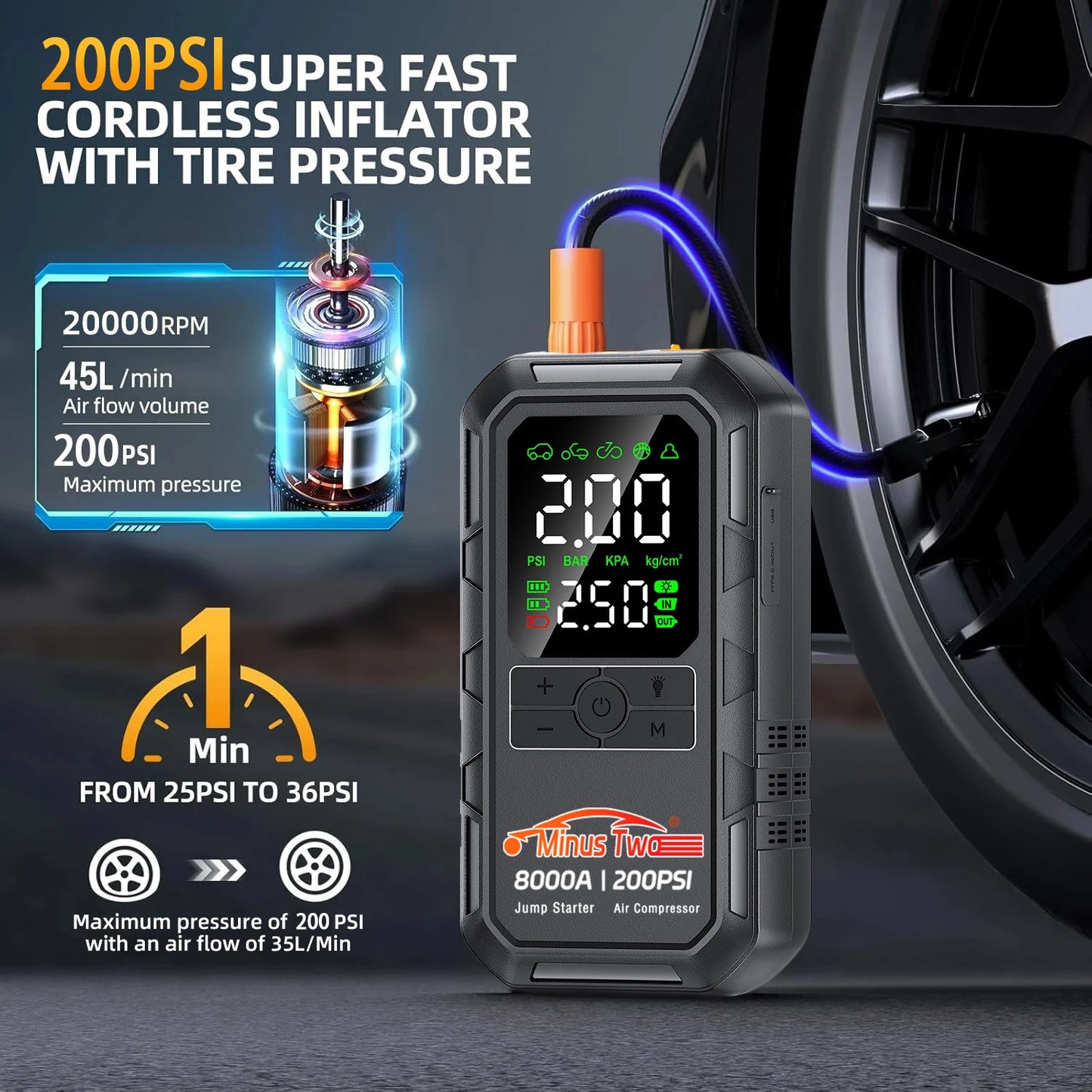 Avviatore D'Emergenza Auto 4 In 1 Con Compressore D'Aria Pompa Pneumatici 150 PSI Power Bank Portatile