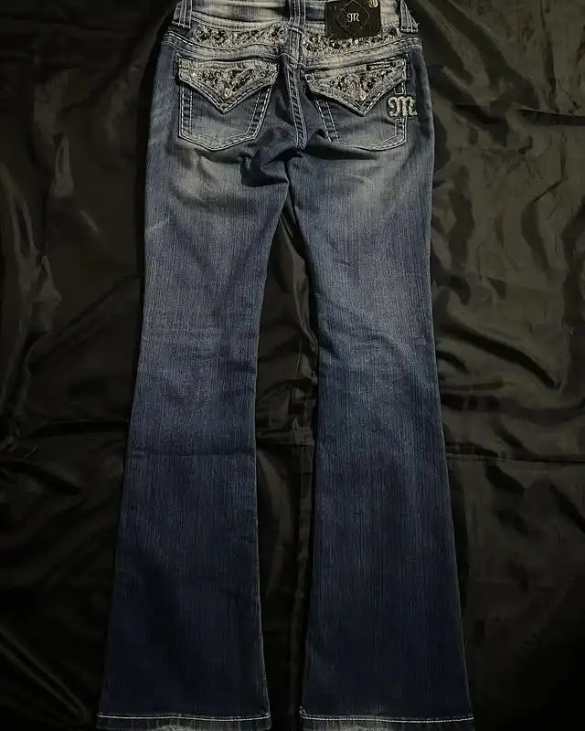 Jeans Vintage Streetwear Y2K Da Donna Tasca Con Paillettes Blu Lavato Pantaloni Larghi Vita Media