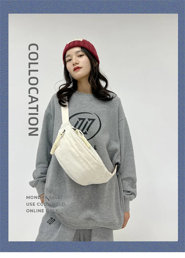 Marsupio Da Donna In Velluto A Coste Grande Capacità Borsa Da Petto Stile Street Tracolla E Cintura Casuale