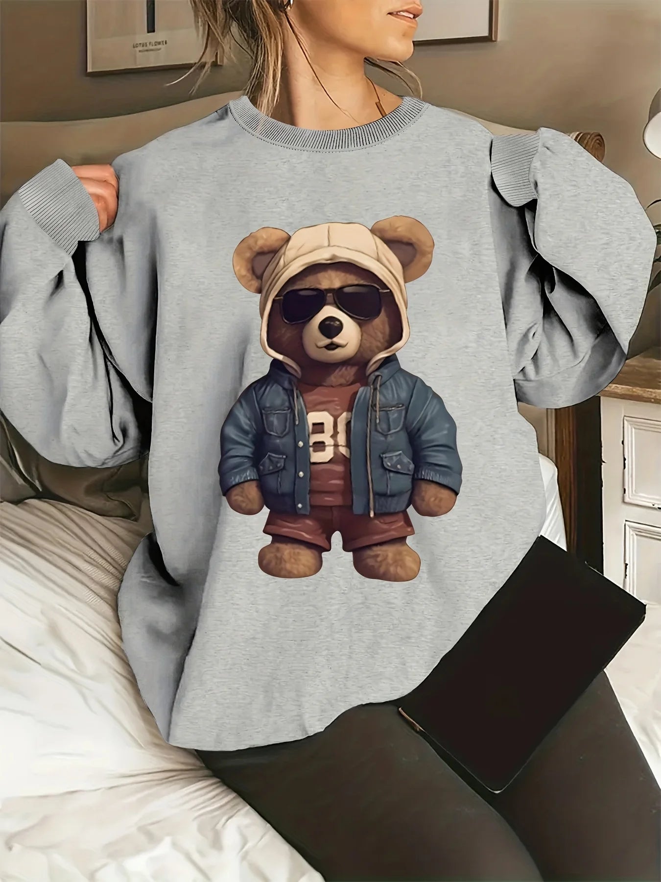 Pullover da Donna Autunno Inverno Casual Ampio con Motivo Gatto Caldo Stampato Girocollo a Maniche Lunghe