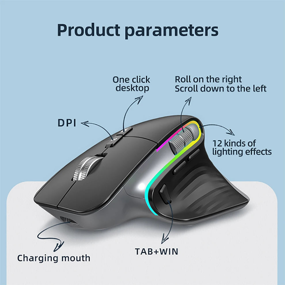 Mouse Wireless Multi Dispositivo Bluetooth 5.0 e 3.0 2.4G Ottico Portatile Ergonomico Per Computer Mano Destra