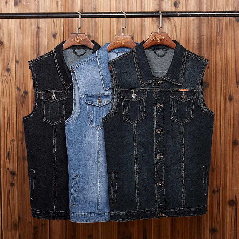 Gilet In Denim Da Uomo Plus Size Elasticizzato Senza Maniche Stile Moto Con Tasche 6XL 7XL 8XL
