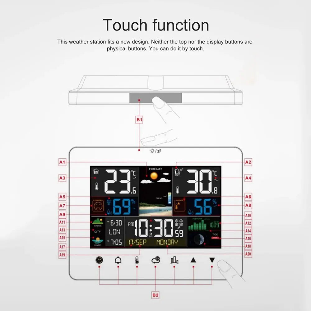 Stazione Meteorologica Multifunzione Sveglia Termometro Igrometro Touch Screen Sensore Wireless Alba Tramonto