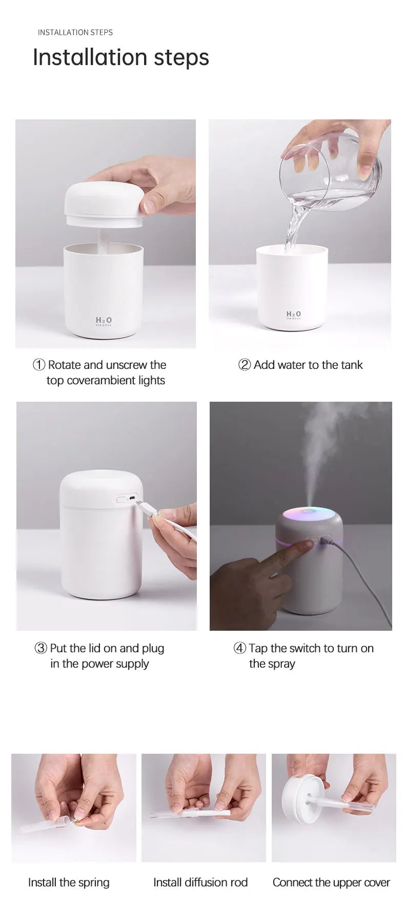 Diffusore Aromaterapia Umidificatore Purificatore D'Aria 300ml Luce a Sette Colori Olio Essenziale per Uso Domestico