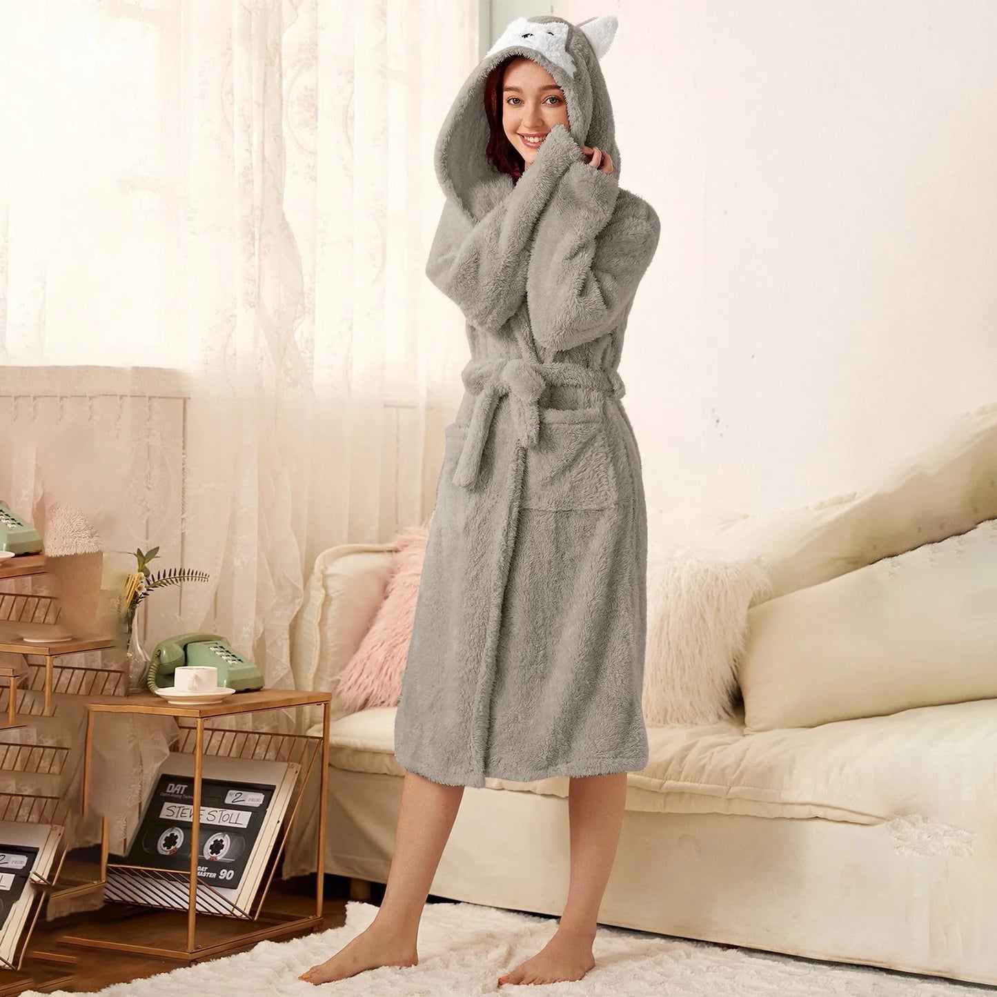 Accappatoio In Flanella Con Cappuccio Orecchie Di Coniglio Donne Inverno Caldo Maniche Lunghe Pigiama In Velluto