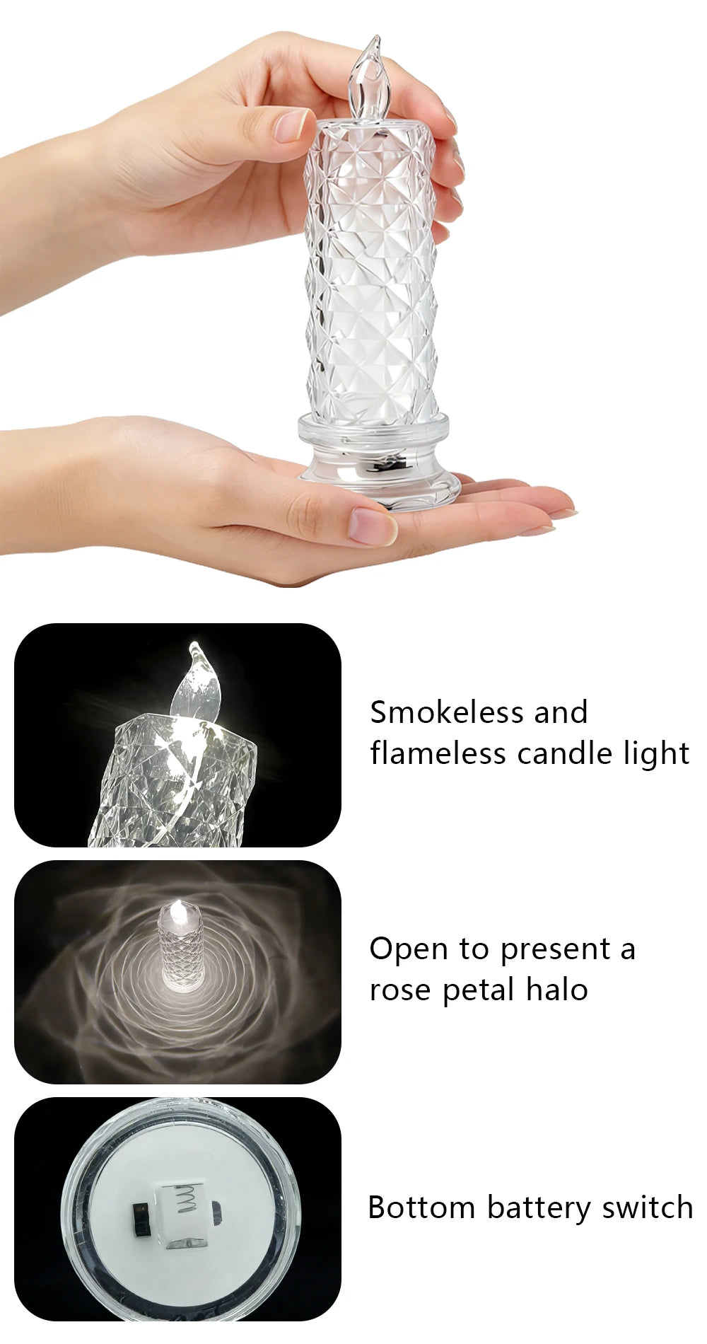 Candela LED In Acrilico Senza Fiamma Con Proiezione Rosa Notturna Romantica Per Feste Matrimonio E Decorazione Tavolo