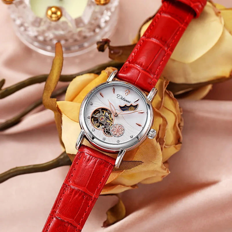 Orologio Da Donna Automatico Impermeabile Con Fasi Lunari E Fiori Girevoli Lusso Di Marca Pregiata