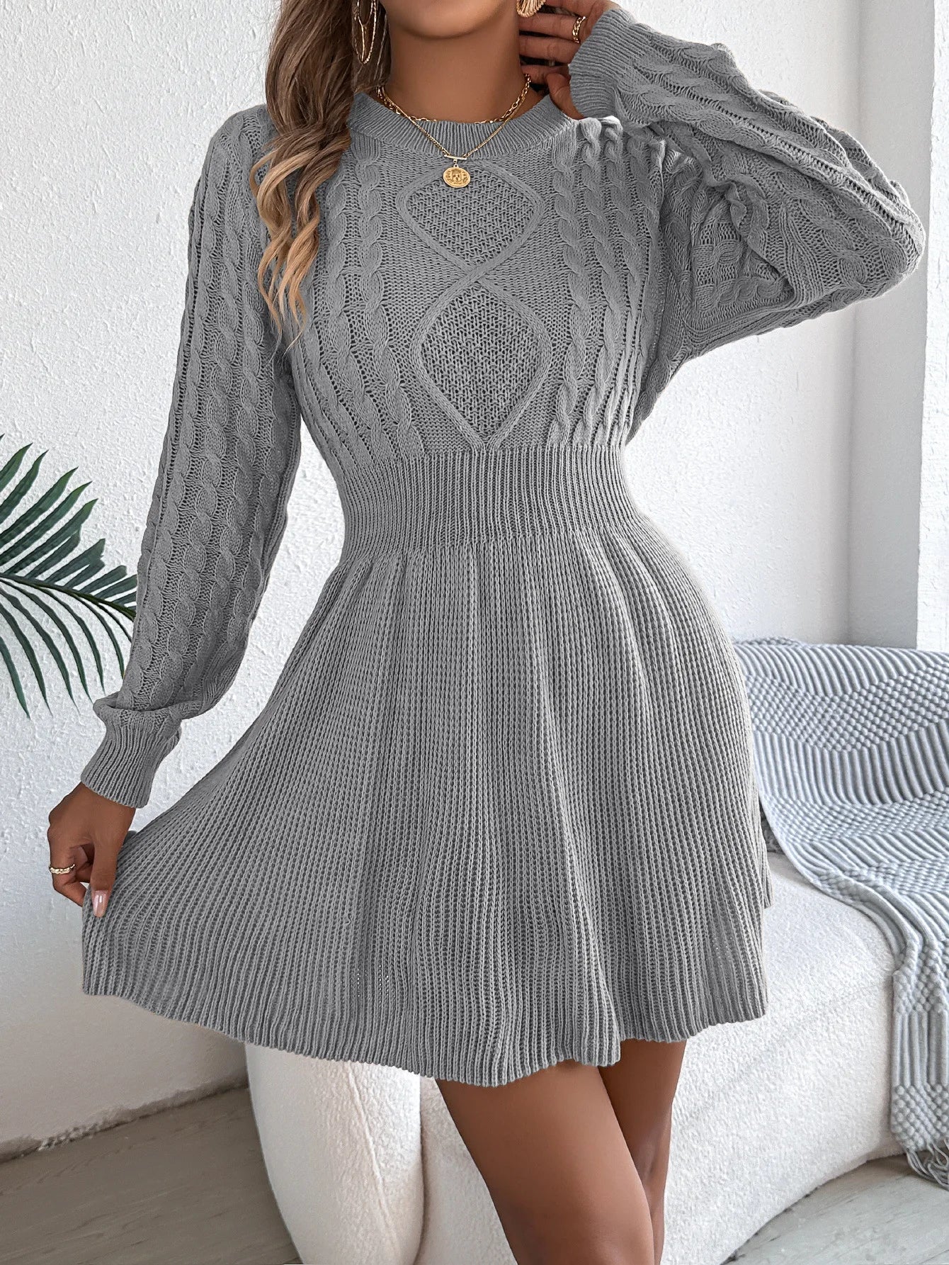 Vestito Maglia Da Donna Scollo A O Manica Lanterna Vita Alta Mini A Trapezio Solido Casual Chic Per Donne Moderne