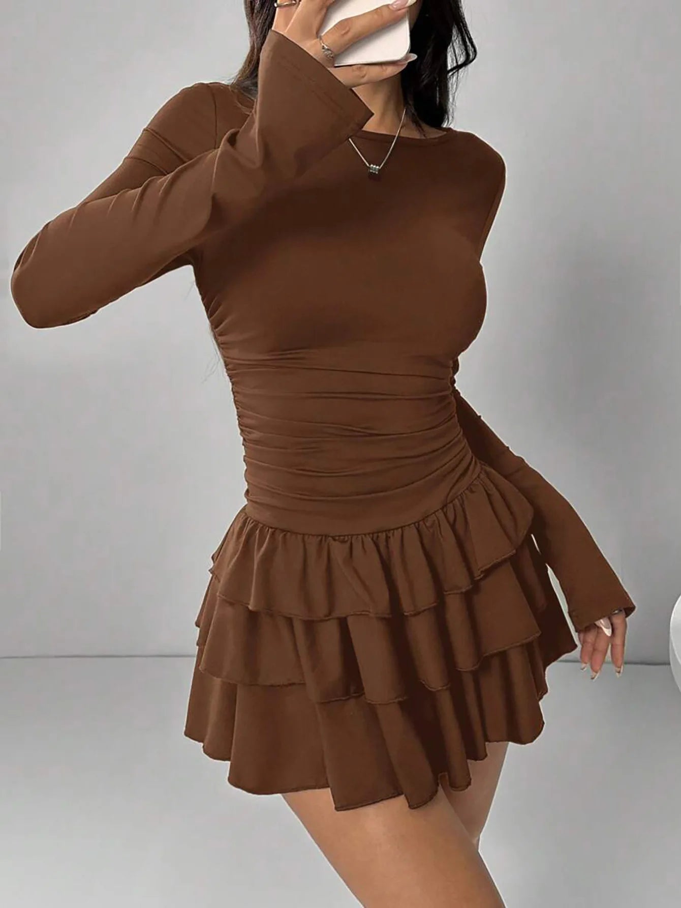 Abito Da Donna Slim Fit Autunno Inverno Midi Vita Alta Empire Tinta Unita Con Increspature E Maniche Svasate