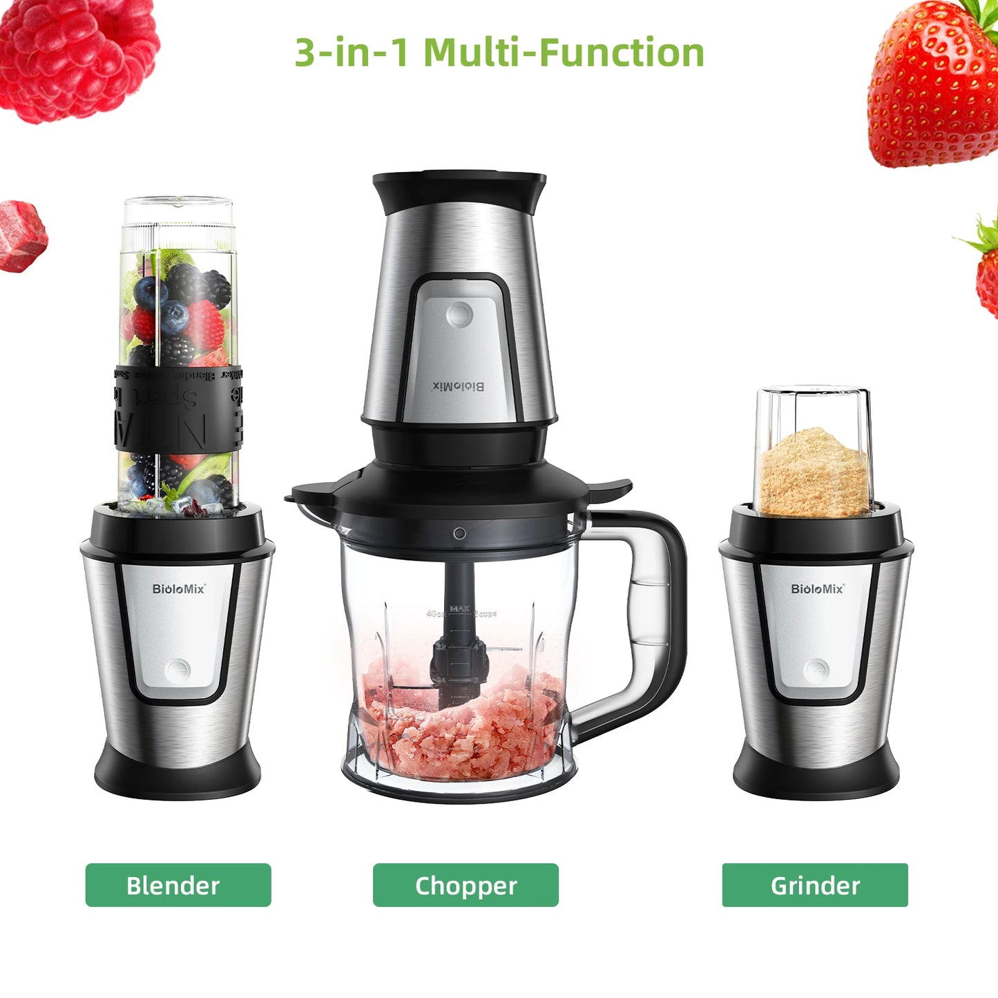 Biolomix TB23M Robot da Cucina 3 in 1 700W Potente Multifunzione Frullatore Spremiagrumi e Tritatutto per Famiglie