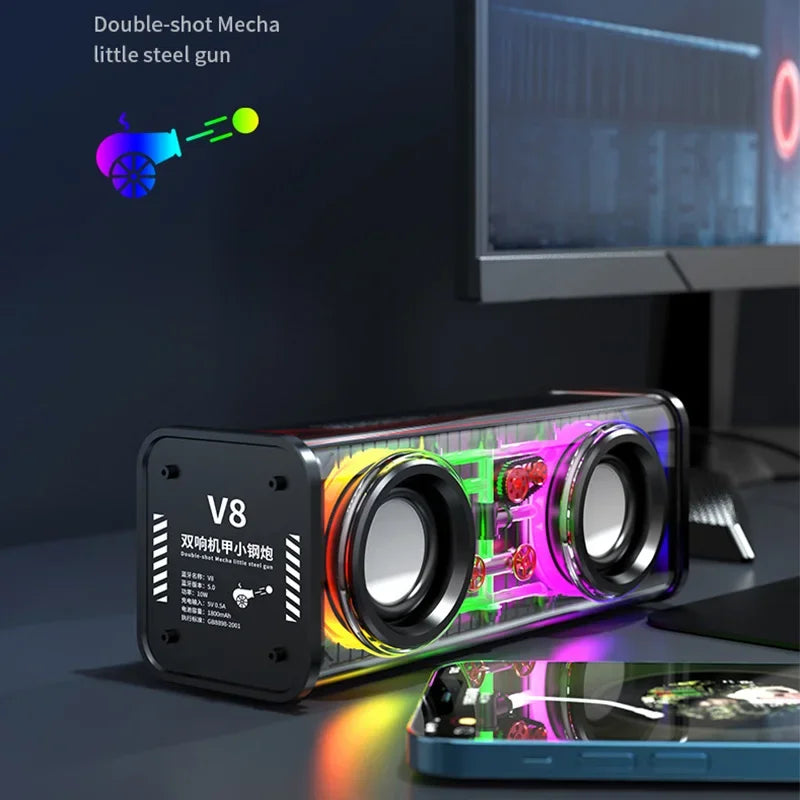 V8 Altoparlanti Mecha Trasparenti Bluetooth 5.0 Mini Wireless Con Diaframma A Doppio Subwoofer Per Festa RGB Light TWS