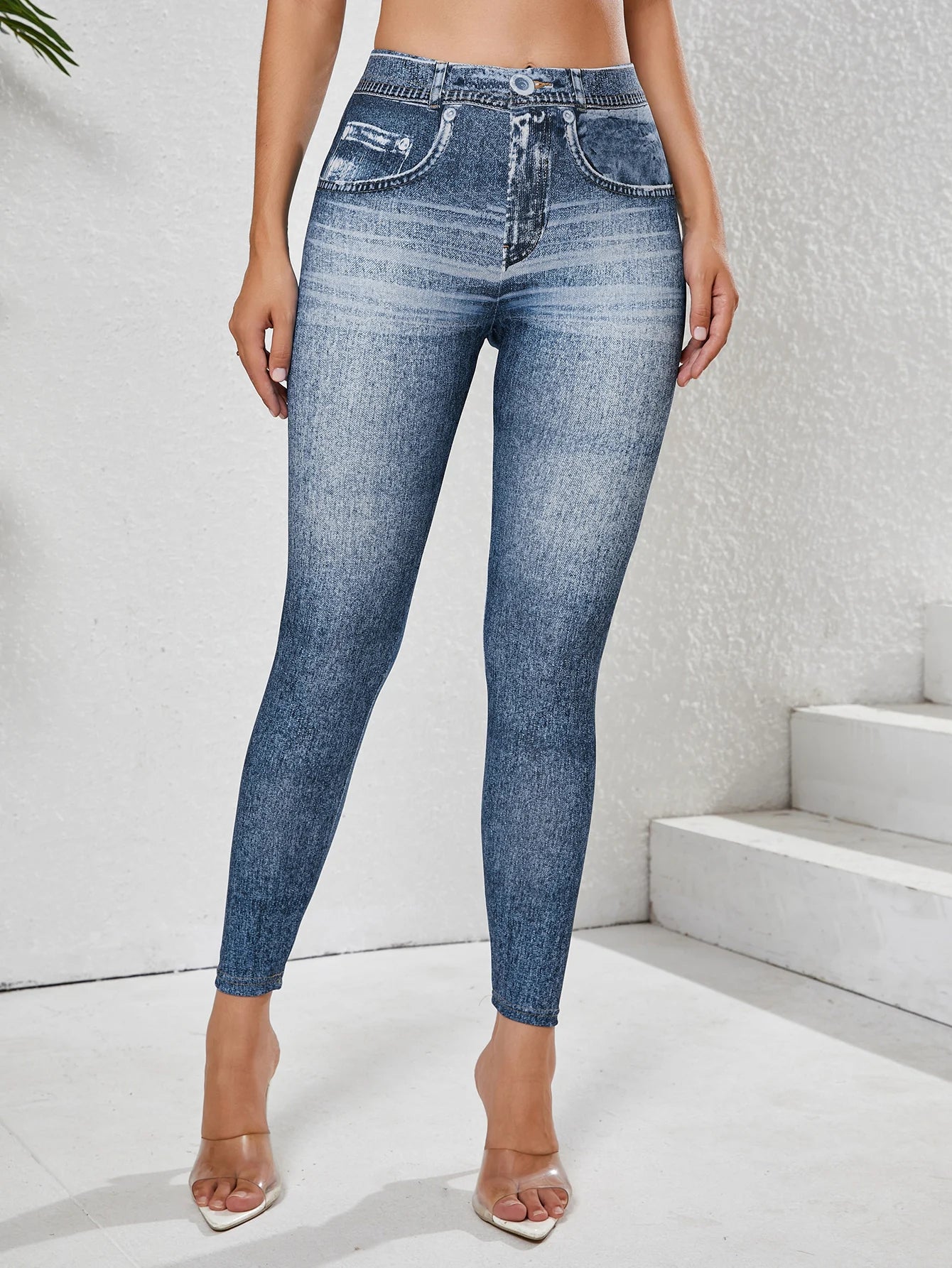 Leggings Denim Imitazione Da Donna Con Tasche Pantaloni Yoga Palestra Comfort Elasticizzati Da Indossare Ogni Giorno