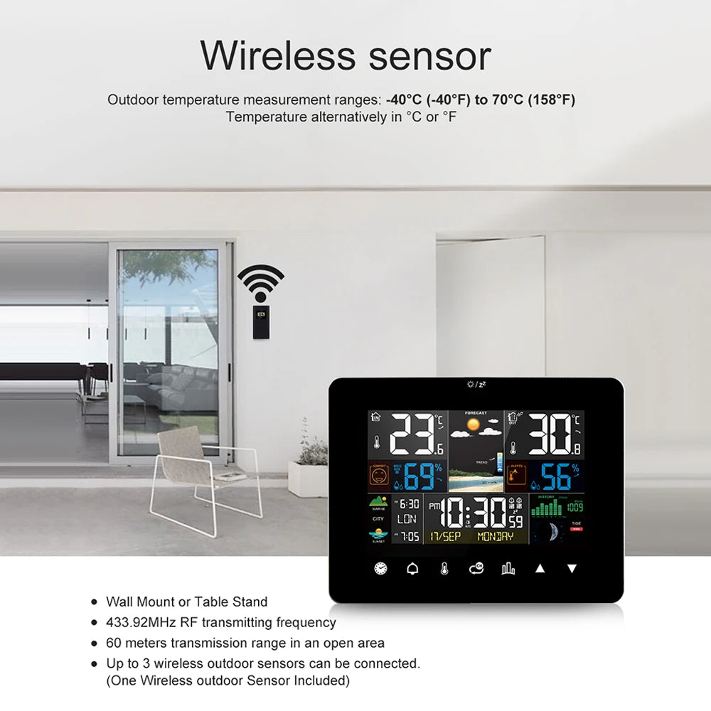 Stazione Meteo Multifunzionale Sveglia Touch Screen Termometro Igrometro Con Sensore Wireless Alba Tramonto Igrotermografo