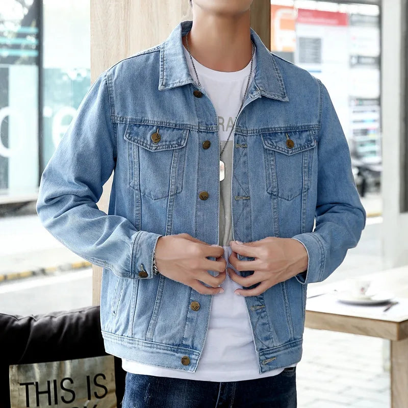 Capispalla Giacche Di Jeans Da Uomo Tinta Unita Monopetto Colletto Rovesciato Streetwear Primavera Autunno