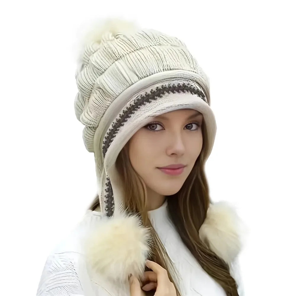 Cappello Invernale Morbido e Caldo con Pelliccia per Donne Berretto con Paraorecchie Foderato in Pile Lavorato a Maglia