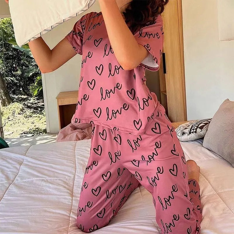 Pigiama Da Donna 2 Pezzi Notte Con T Shirt A Maniche Corte Stampa Lettera Rosa Scuro E Pantaloni Abbigliamento Casalingo