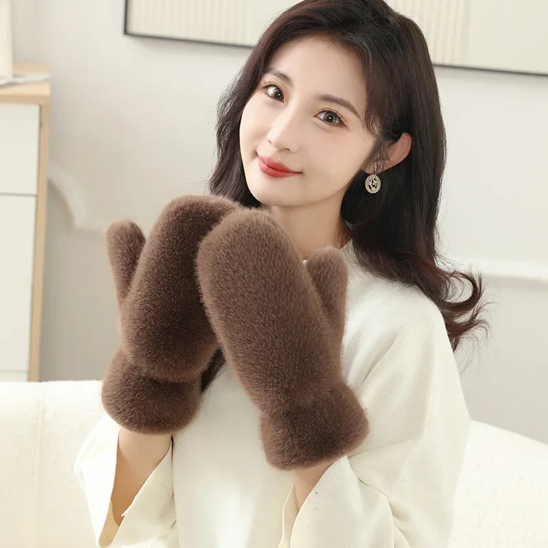 Guanti In Peluche Spessi E Caldi Con Cashmere E Pelliccia Di Coniglio Imitazione Per Donne Antivento Con Dita Intere
