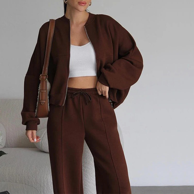 Set Di Tute Da Donna Casual Cardigan Corto Allentato Con Cerniera E Pantaloni Sportivi Con Coulisse Streetwear