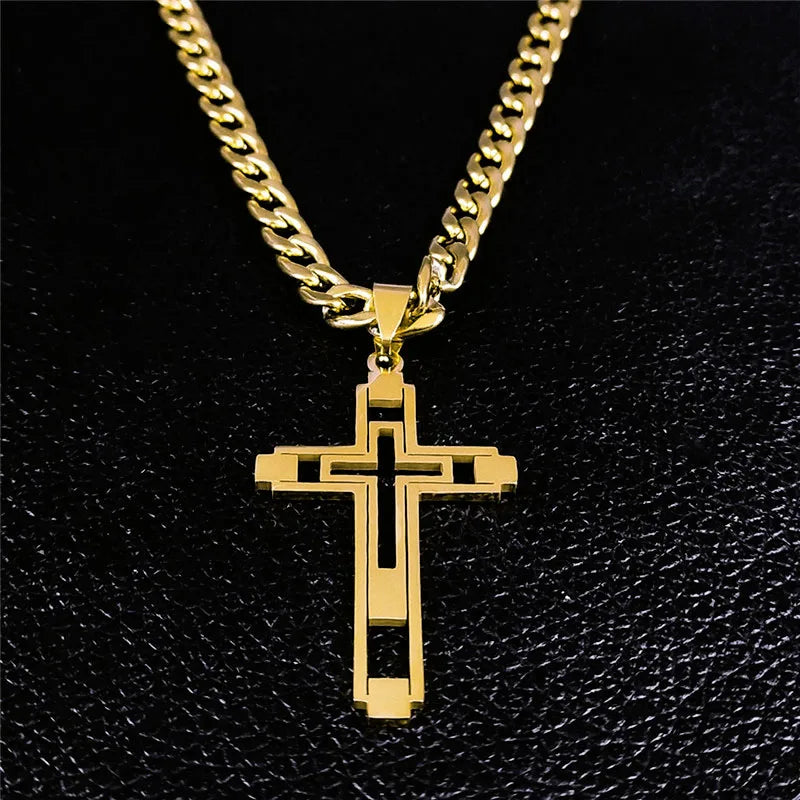 Collana Hip Hop Croce Unisex In Acciaio Inossidabile Con Pendente Lungo Dorato Oro N6055S05
