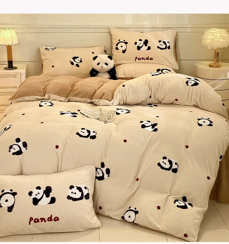 Set Biancheria Da Letto 4 Pezzi In Pile Latte Stampato Invernale Duvet Copripiumino Stile Semplice Accogliente GSM 130