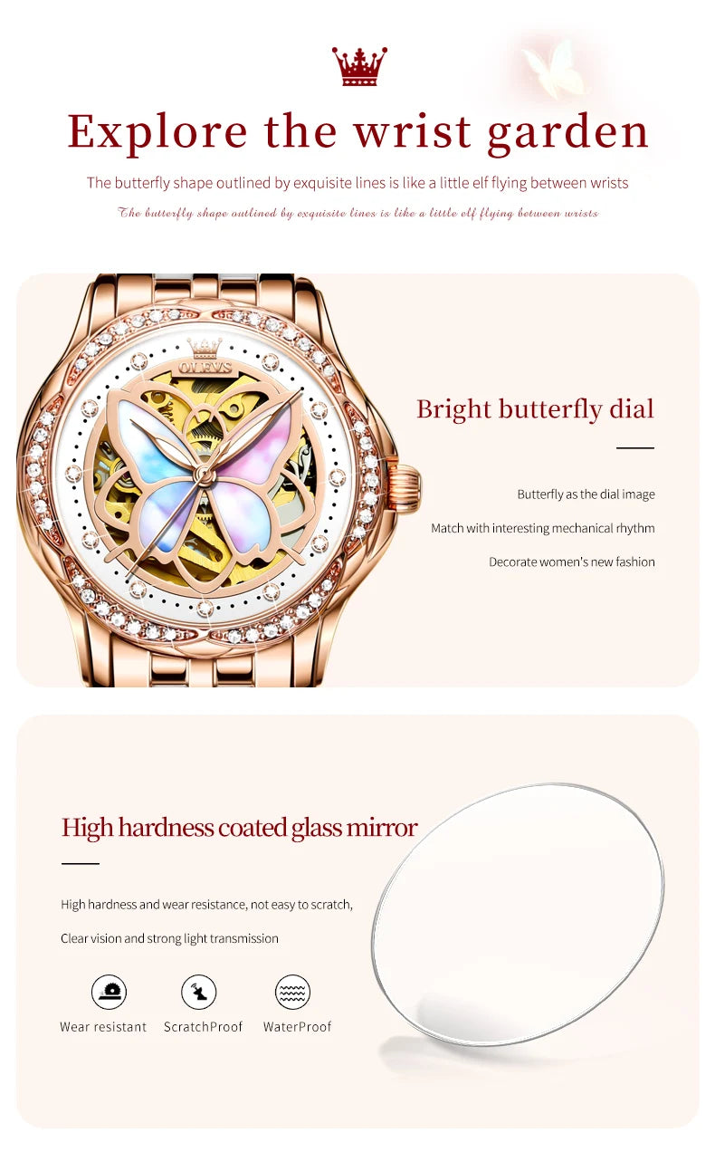 OLEVS Orologio Da Donna Meccanico Automatico In Ceramica Lunetta Originale Impermeabile Luminoso Quadrante A Farfalla