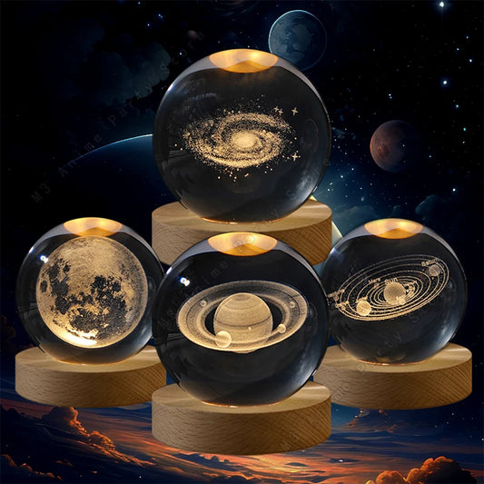 Sfera Di Cristallo 3D Luce Notturna Lampada A LED Per Comodino Galassia Saturno Pianeti Luna 5 Cm Regalo Per Bambini