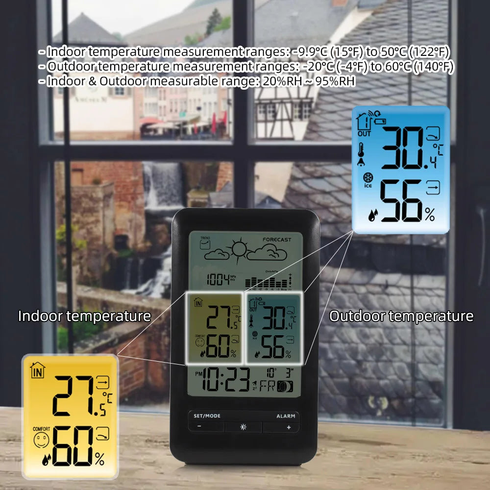 Stazione Meteorologica Multifunzionale Con Sveglia Termometro Igrometro Digitale Schermo Tattile Esterno Wireless