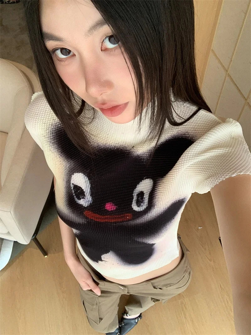 Cheerart Y2K Moda Crop Top Piega Da Donne Estate Manica Corta Kawaii Cartoon T Shirt Abbigliamento