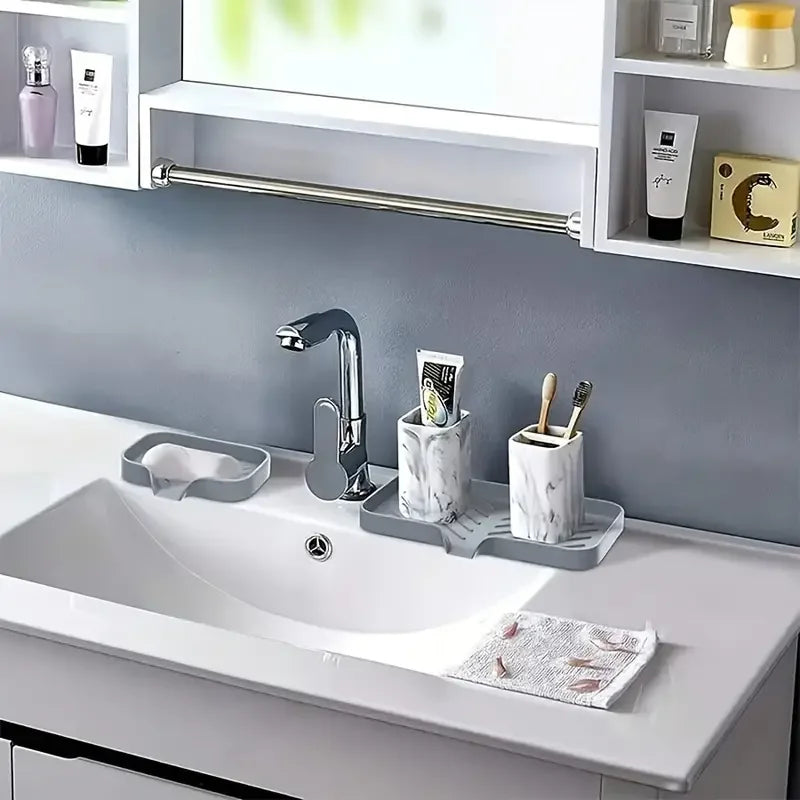 Tappetino Silicone Per Rubinetto Con Vassoio Lavello Spugna Dispenser Sapone Portaoggetti Appoggio Cucina