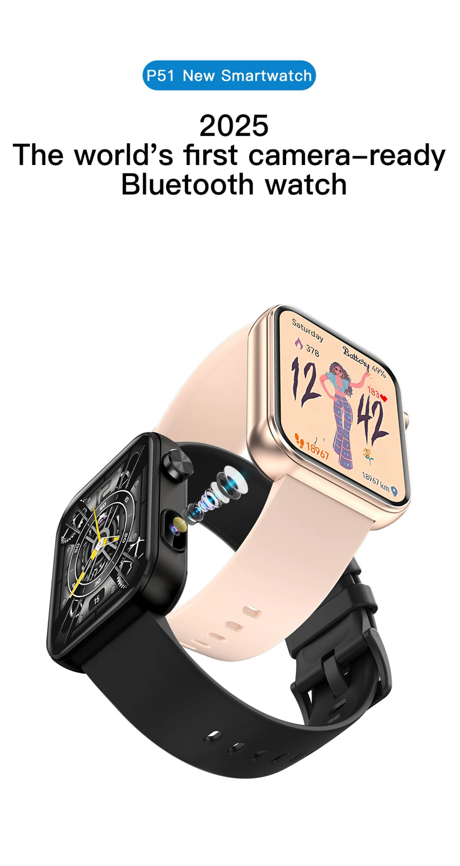 Nuovo Smartwatch Fotocamera per Uomo e Donna Registrazione Foto e Video Fitness Salute Impermeabile Chiamate Bluetooth