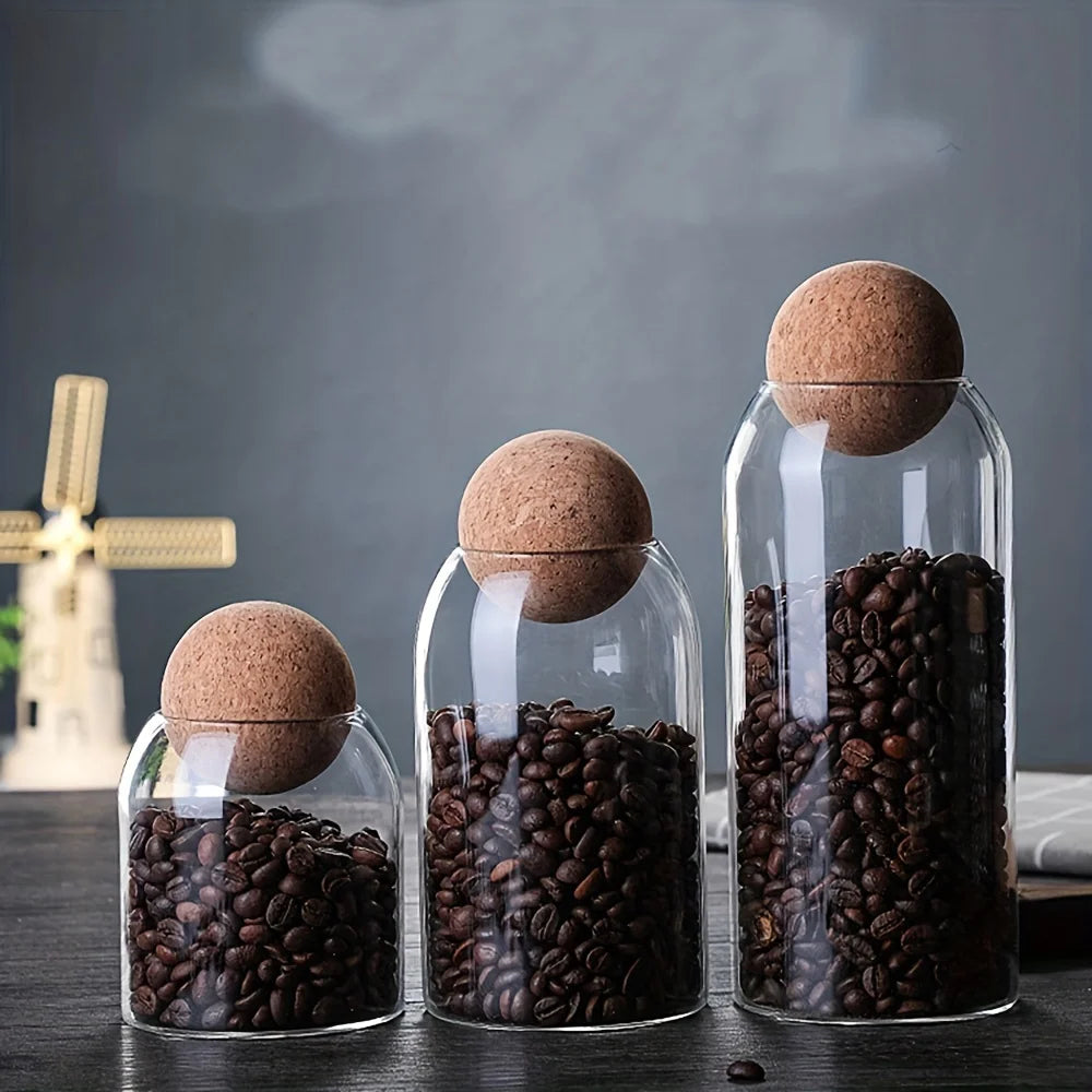 Set Barattoli In Vetro Per Cucina Tre Pezzi Con Coperchio Ermetico In Legno E Sfera Di Sughero Capacità 0,5 1 L Ecologici Decorativi