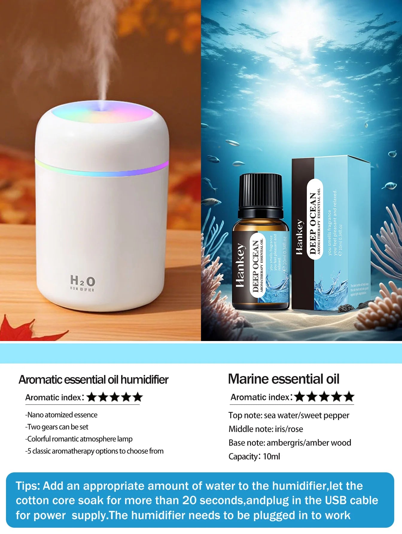 Diffusore Aromaterapia Umidificatore Purificatore D'Aria 300ml Luce a Sette Colori Olio Essenziale per Uso Domestico