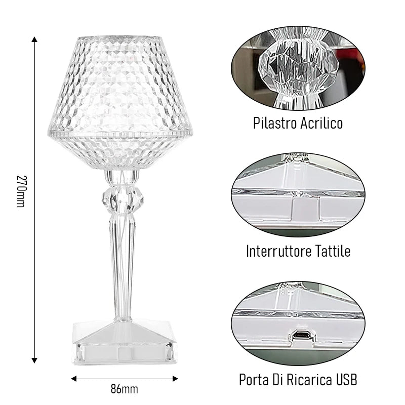 Lampada da Tavolo LED con Diamanti Proiezione di Cristalli Protezione Occhi USB Touch Lettura Luce Notturna