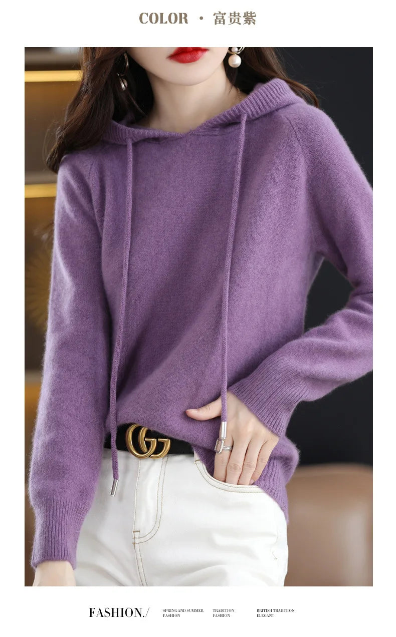 Maglione Con Cappuccio Donna Autunno Inverno Maniche Lunghe Tinta Unita Felpa Lavorata A Maglia Con Coulisse Allentate