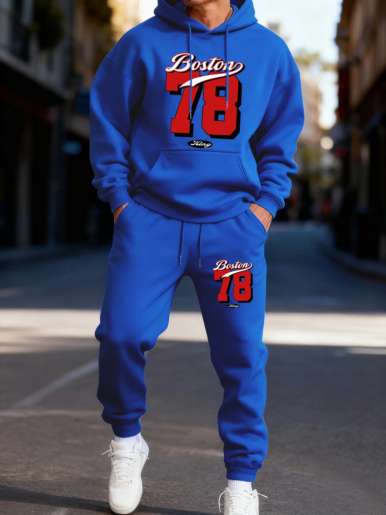 Boston 78 Stampa Felpa Con Cappuccio Da Uomo Due Pezzi Set Autunno Inverno Abbigliamento Sportivo Completo