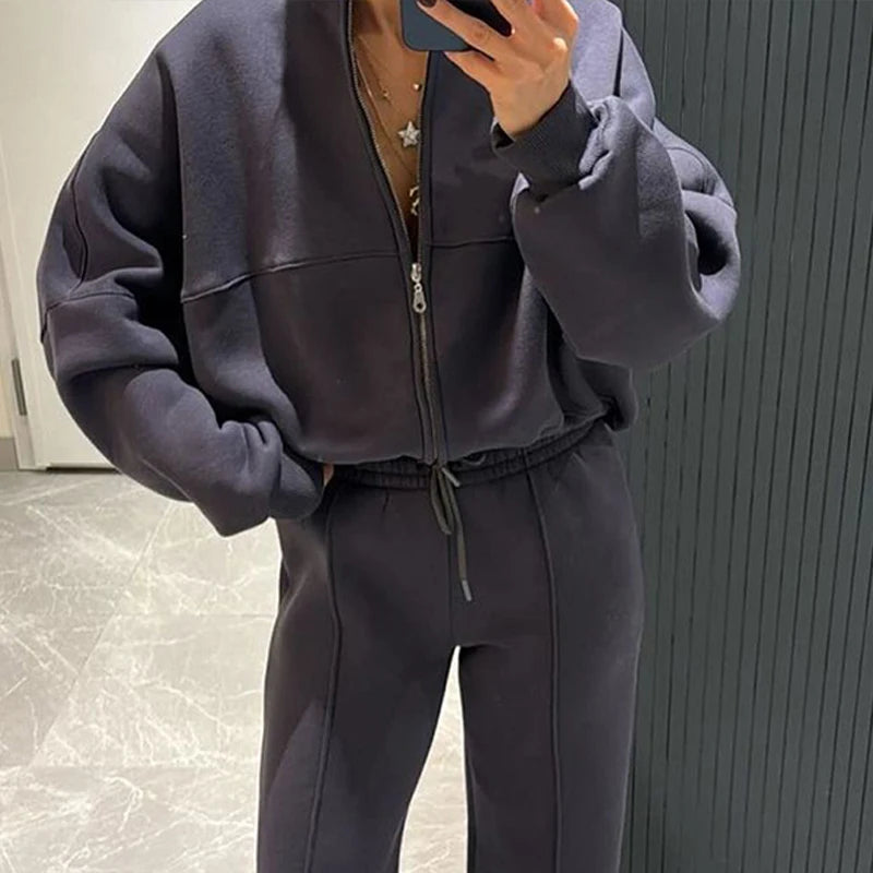 Set Di Tute Da Donna Casual Cardigan Corto Allentato Con Cerniera E Pantaloni Sportivi Con Coulisse Streetwear