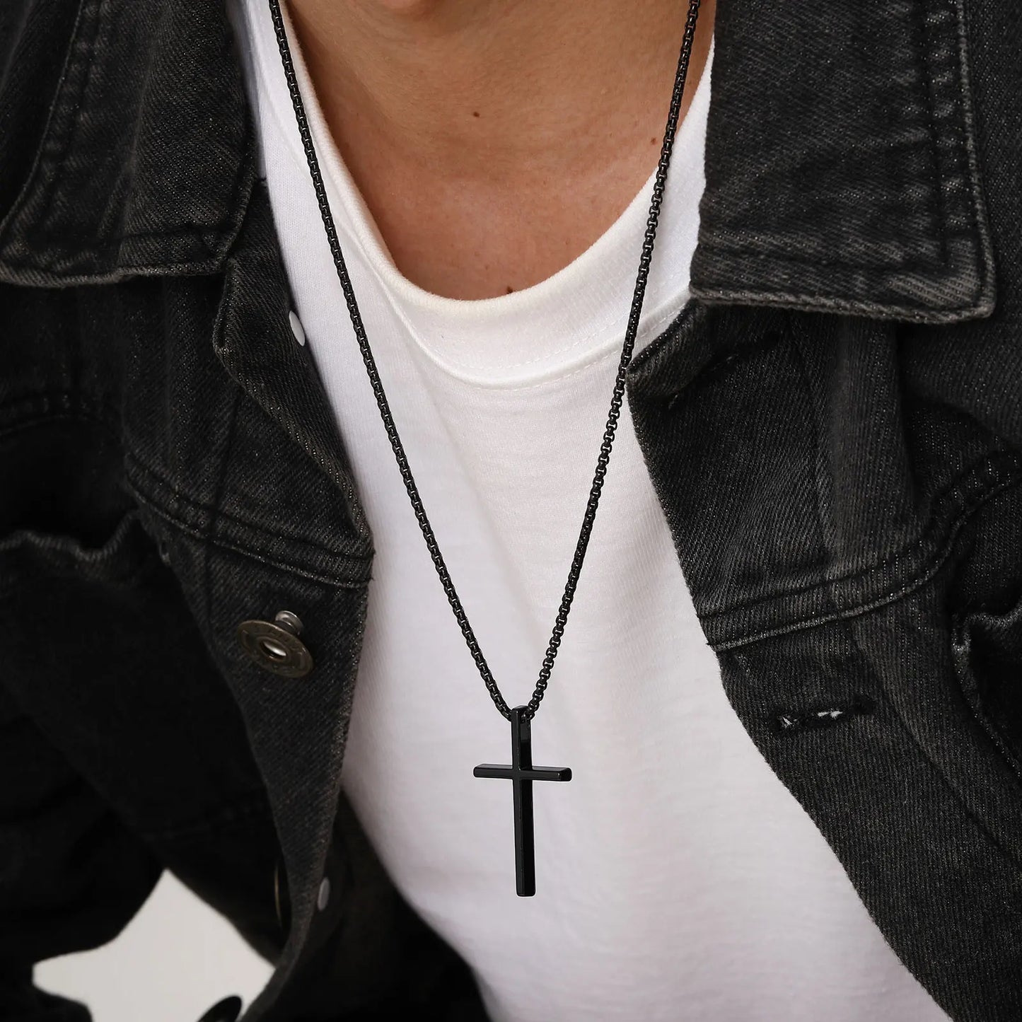 Collana Con Croce Vnox In Acciaio Inossidabile Catena A Scatola Argento Nero Per Uomo E Donna Lunghezza 55 Cm O 60 Cm