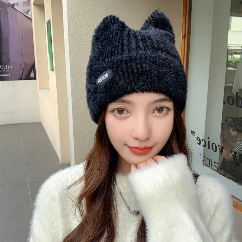 Cappello Invernale Femminile con Orecchie da Gatto Pelliccia Sintetica Lavorato a Maglia Stile Kpop Morbido Berretto