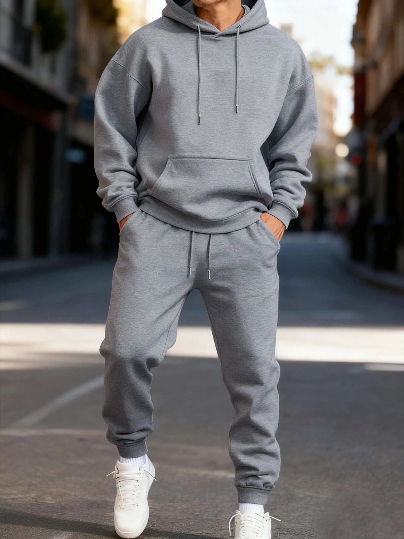 Felpa Con Cappuccio Da Uomo Set Invernale Due Pezzi Tinta Unita Abbigliamento Da Strada Sportivo Casual