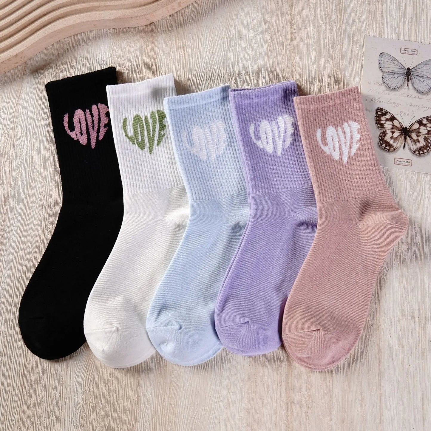 5 Paia Calzini Da Donna In Cotone Set Autunno Primavera Inverno Kawaii Harajuku Rosa Bianco Love Print