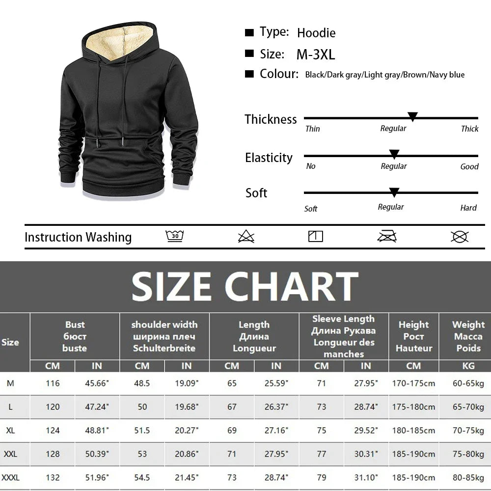 Uomo Felpa Termica Inverno Con Cappuccio Foderata In Pile Caldo Spesso Girocollo Solido Top Abbigliamento Streetwear