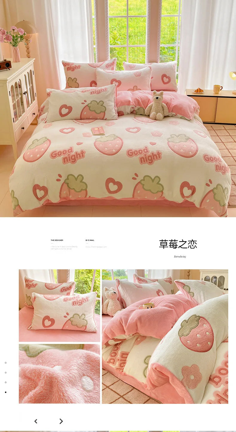 Lenzuolo Stampato Fragole Simpatico Cartone Animato Copripiumino Corto In Peluche Lavabile Antistatica