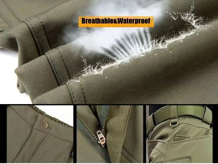 Completo Tattico Mimetico Uomo Giacca Impermeabile Con Cappuccio Zip Pantaloni Softshell Militari Tuta Invernale Pile