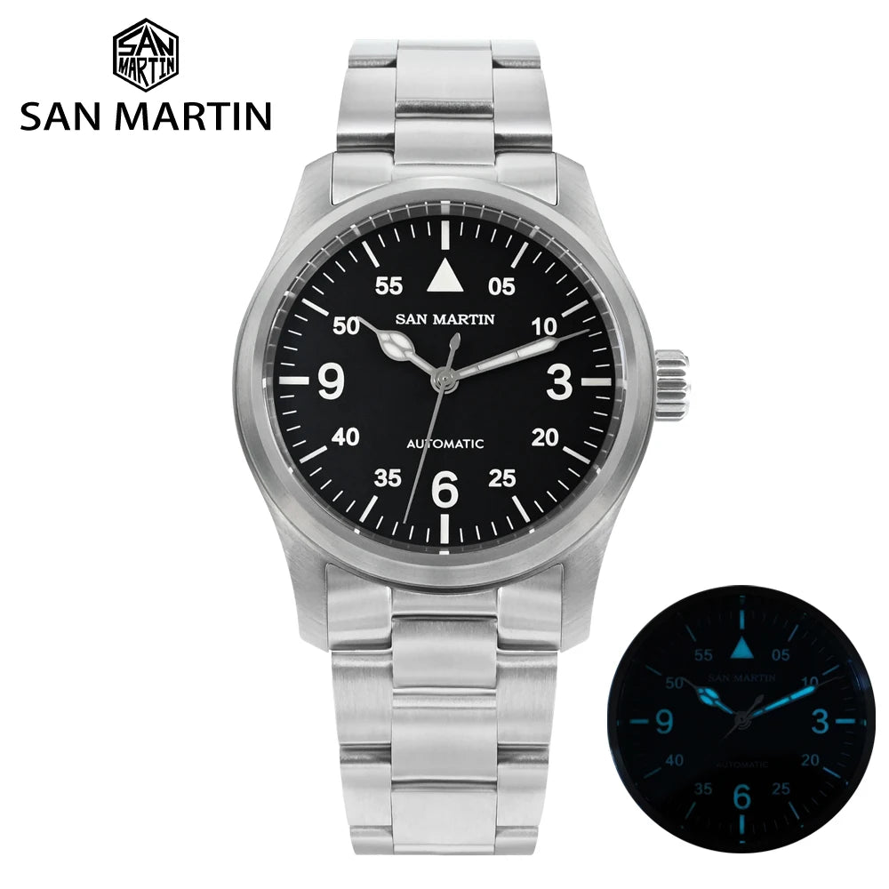 Orologio Da Pilota Da Uomo San Martin 37mm Meccanico Automatico 100m Impermeabile Stile Militari BGW 9